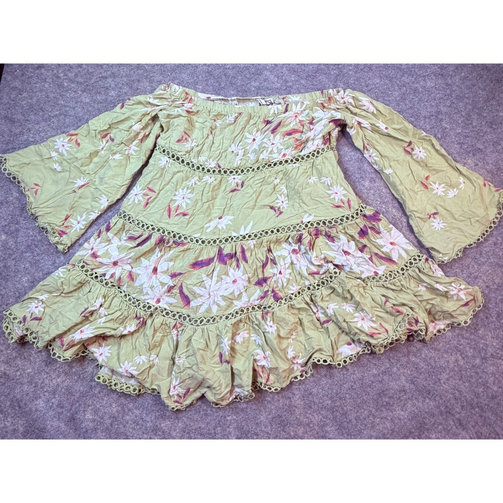 Jaase Boho Floral Off The Shoulder Bell Sleeve Tiered Mini Dress Olive Large